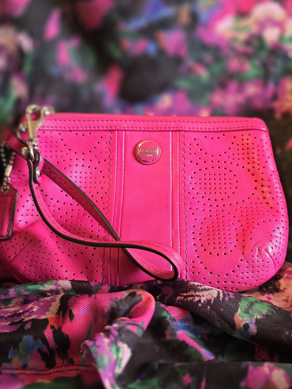 Coach Women's Hot Pink Perforated Leather Wristlet